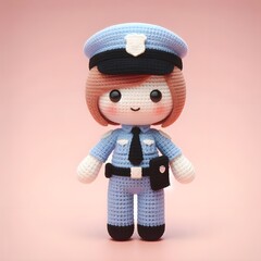 Ai Generated Crochet doll a Police cute excited funny smiling wearing uniform and equipment, is standing, 3d render