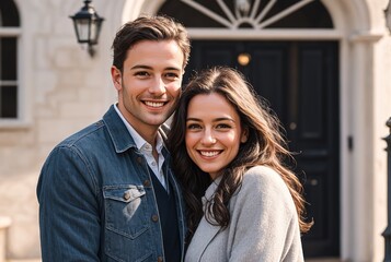 A man and a woman standing in front of a house.