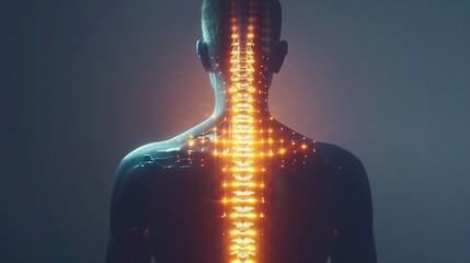 A back view of a person with a visual overlay of the spine glowing to represent spinal health and anatomy in a medical context.