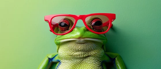 Fototapeten A green frog makes a bold fashion statement with oversized red sunglasses on a matching green backdrop. © Creative_Bringer
