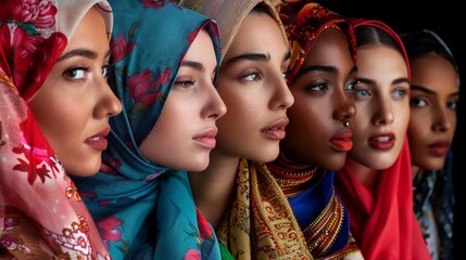 A portrait of five diverse women wearing vibrant headscarves representing cultural beauty.