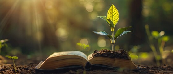 A plant sprouting from an open book - obrazy, fototapety, plakaty