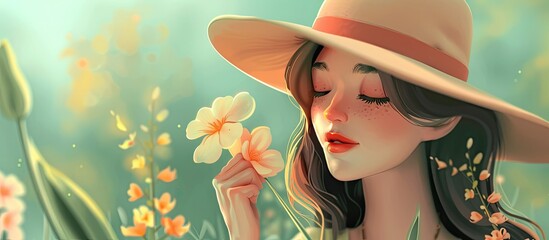 A woman in a stylish sun hat is happily smelling a colorful flower, a beautiful gesture captured as a piece of art in the world of fashion accessories