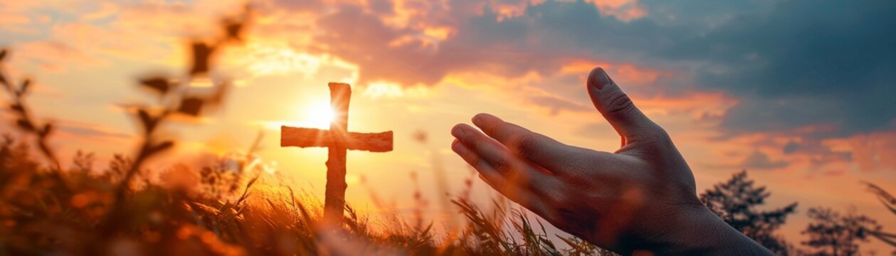 A hand reaches out towards a Christian cross in a symbolic gesture of faith and hope against a beautiful sunset backdrop.
