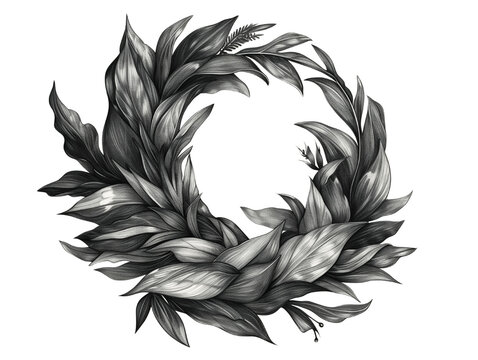 Black and white illustration of a laurel wreath, a classic floral element used in design and decoration