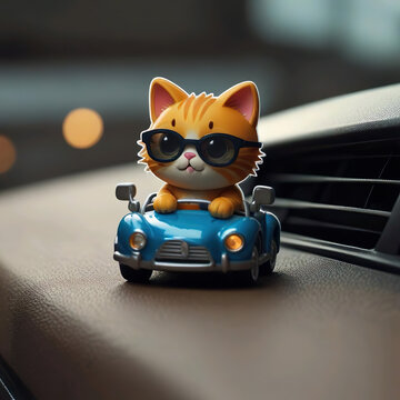 Gatito de juguete conduciendo un coche