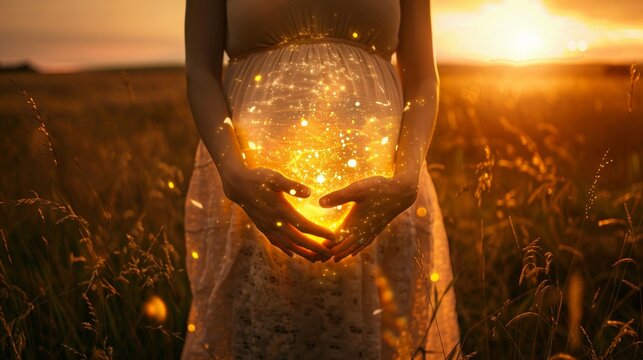 A pregnant woman cradling her belly which glows with golden light symbolizing the miracle of life