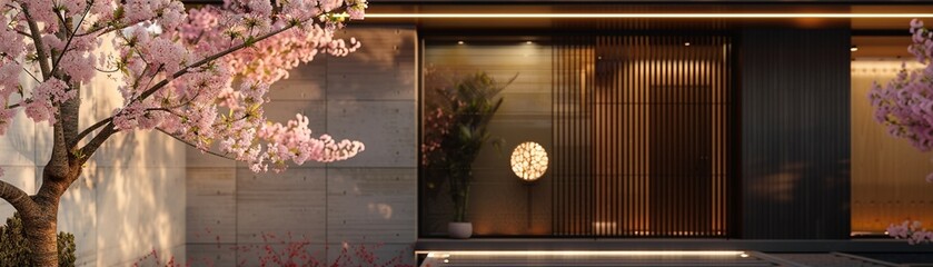 Beautiful cherry blossoms in bloom at the entrance of a modern home