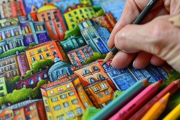 Close-up of a hand artistically drawing a vibrant and colorful cityscape with pencils.
