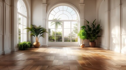 Windows and glass facades, wooden floor room, luxury home furniture, interest in an ornamental houseplant, elegant interior decor for villas and residential apartments in the Kingdom of Saudi Arabia