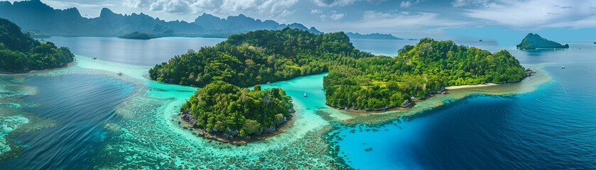 Stunning aerial shot of a lush tropical archipelago with clear turquoise waters surrounded by...
