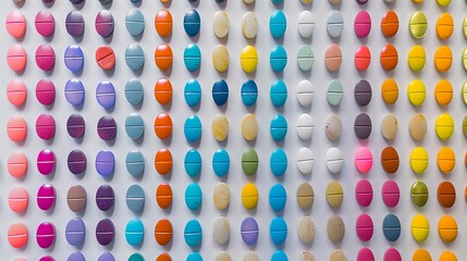 Various colorful medication capsules neatly aligned in rows