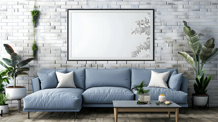 mockup closeup horizontal white painting hanging on a white brick wall in a bright room