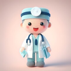 Ai Generated Crochet doll a doctor cute excited funny smiling wearing uniform and equipment, is standing, 3d render