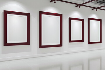 An elegant white art gallery showcasing empty blank mock-up posters within rich burgundy frames. 