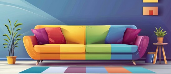 An electric blue inflatable couch sits in a living room next to a magenta plant, creating a fun atmosphere for leisure and relaxation - obrazy, fototapety, plakaty