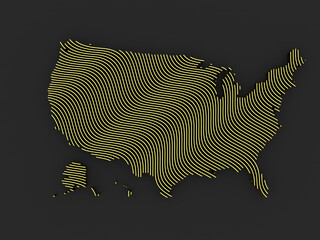 An abstract map of the United States of America, consisting of thin golden lines. An abstract image for a geographical design template. an image for 3D rendering. Dark uniform background.