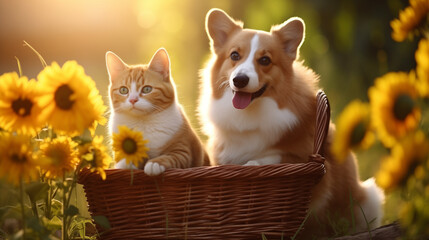 cat and dog in basket