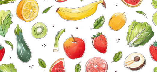 Assorted fruits and vegetables seamless pattern on white background