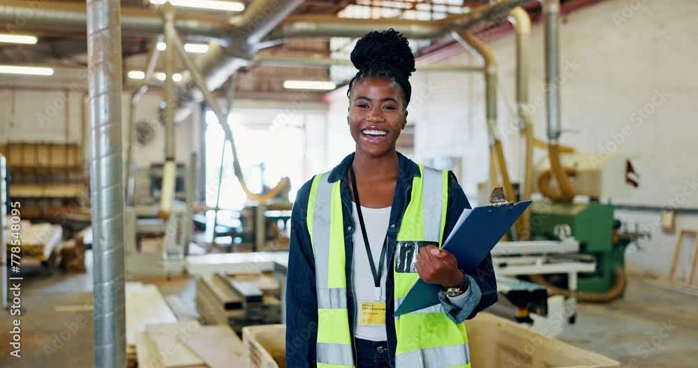 Poster Portrait, engineer or black woman with clipboard in warehouse for checklist, planning and maintenance in factory. Civil engineering, female person and smile with documents for production inspection