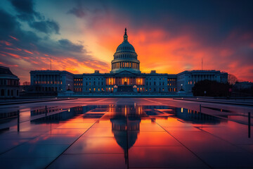 A view exterior of United States Capitol building at sunset in Washington, DC, USA. AI Generation - obrazy, fototapety, plakaty