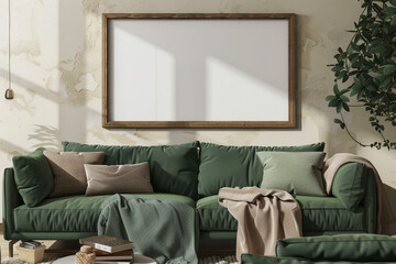 A cozy Scandinavian living room with a forest green sofa set against a soft beige wall. One large blank empty mock-up poster frame
