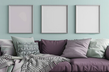 A cozy Scandinavian living room featuring a plum purple sofa against a gentle mint wall. Three empty mock-up poster frames