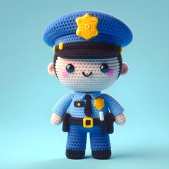 Ai Generated Crochet doll a Police cute excited funny smiling wearing uniform and equipment, is standing, 3d render
