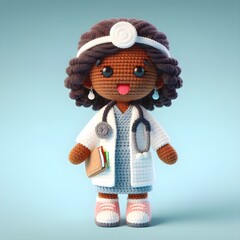 Ai Generated Crochet doll a doctor cute excited funny smiling wearing uniform and equipment, is standing, 3d render