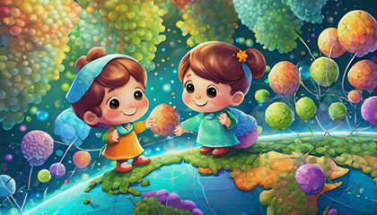 OIL PAINTING STYLE CARTOON CHARACTER CUTE baby global internet work.World map