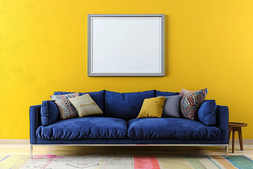 A vibrant Scandinavian living room featuring a cobalt blue sofa against a lemon yellow wall. One blank empty mock-up poster frame 