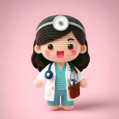 Ai Generated Crochet doll a doctor cute excited funny smiling wearing uniform and equipment, is standing, 3d render