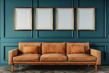 A warm Scandinavian living room with a butterscotch sofa set against a dark teal wall. Four blank empty mock-up poster frames