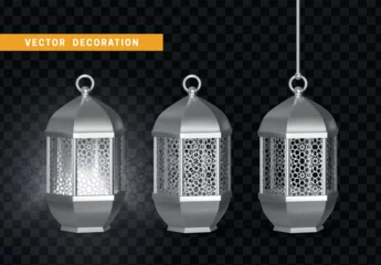 Gordijnen Silver vintage set lanterns. Arabic shining lamps. realistic 3d design isolated on transparent background. vector illustration © lauritta