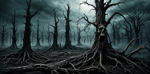 Haunted forest of dead skull trees, desolate cursed landscape shrouded in poisonous fog where no living being can survive. - obrazy, fototapety, plakaty