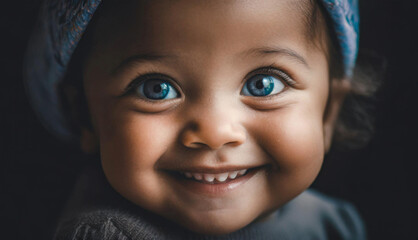 adorable bébé aux yeux bleus et souriant - obrazy, fototapety, plakaty