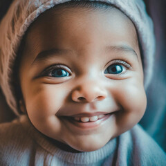adorable bébé aux yeux bleus et souriant - 778550253
