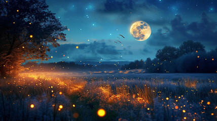 Luminous Fireflies Illuminating a Peaceful Meadow Under the Moon