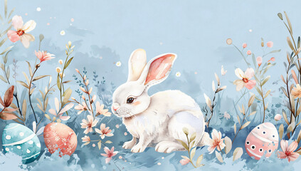 Easter card with a cute white rabbit, eggs and spring flowers on a light blue background, vector...