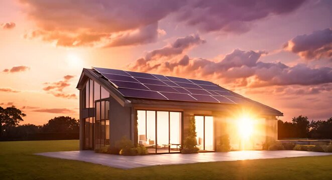 Solar panels against a backdrop of a stunning sunset highlighting the panels textures and the vibrant sky