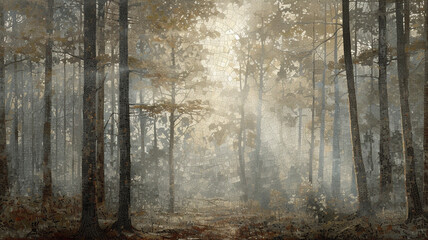 The mysterious allure of a misty forest depicted through a mosaic, where beauty lies in the...