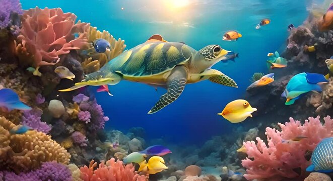 Turtle with Colorful tropical fish and animal sea life in the coral reef animals of the underwater sea world