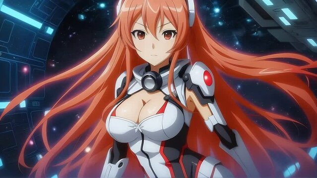close-up portrait of an anime robot girl with long red hair