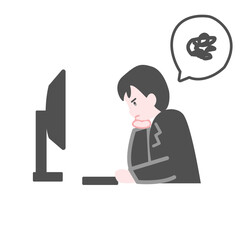 PCの前で肘をついて不機嫌そうな男性会社員