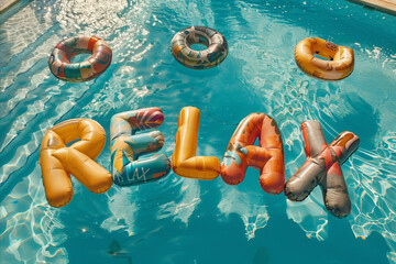 Relax word spelled out in inflatable pool floats in a summer holiday swimming pool - obrazy, fototapety, plakaty
