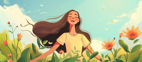 Obraz na płótnie Canvas A woman is enjoying the outdoors, standing in a field of colorful flowers with her arms outstretched in a gesture of happiness and freedom, surrounded by nature
