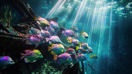 Fototapeta na wymiar An underwater scene capturing a school of iridescent fish swimming in harmony near a sunken ship, with rays of sunlight filtering through the water above.