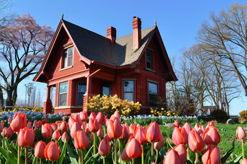 A cozy craftsman-style miniature house with a red brick exterior, surrounded by a garden of blooming tulips against a clear blue sky. - Powered by Adobe