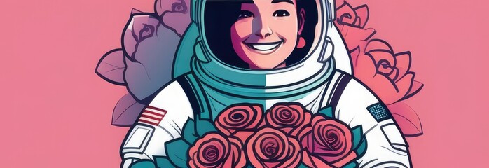 girl astronaut in a spacesuit and astronaut helmet close-up with pink roses.Girl with flowers.Space flight concept
