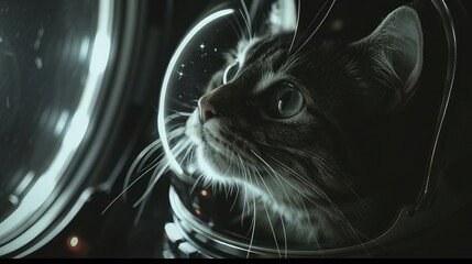 Cat astronaut in a spacesuit and astronaut helmet close-up in black and white color . Space flight concept - obrazy, fototapety, plakaty